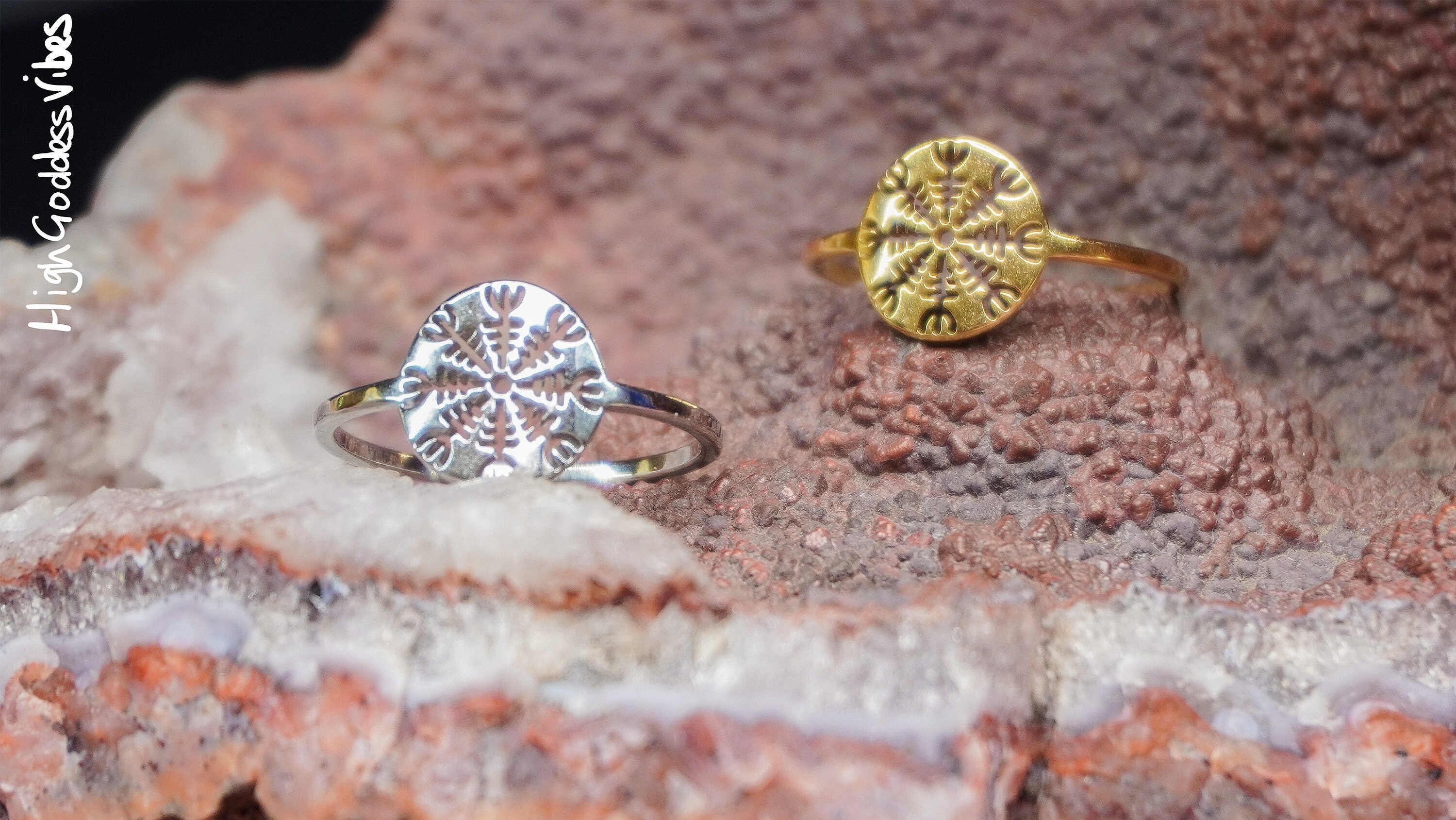 Helm of Awe Ring - Norse Mythology Silver & Gold Lucky Protection Jewelry, Viking Odin Skinny Slim Thin Band Stack Stainless Steel Rings