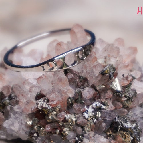 Skinny Moon Phase Ring - Minimalist Boho Contemporary Cut Out Stacking Band Rings, Silver & Gold Lunar Goth Wicca Stainless Steel Jewelry