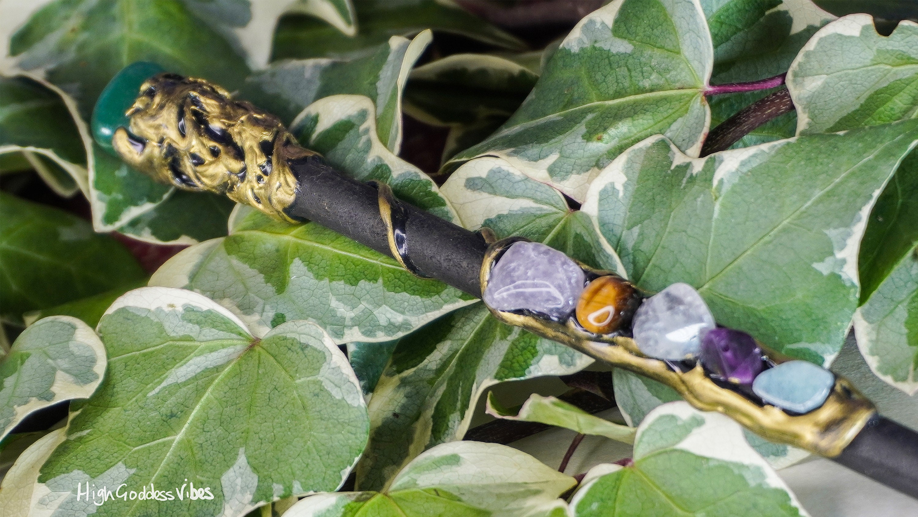Double Ended Crystal Wooden Wand Natural Amethyst Tiger Eye Quartz, Terminated Stone Crystals