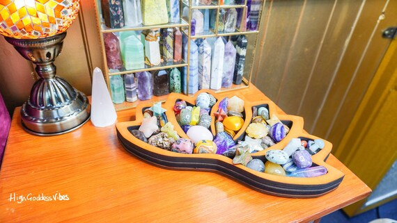 Plateau Présentoir En Bois En Forme De Lotus - Pour Cristaux, Pierres, Bijoux - Dimensions 27x17x2.5cm - Décoration Table De Chevet, étagère, Cadeau Spiritualité