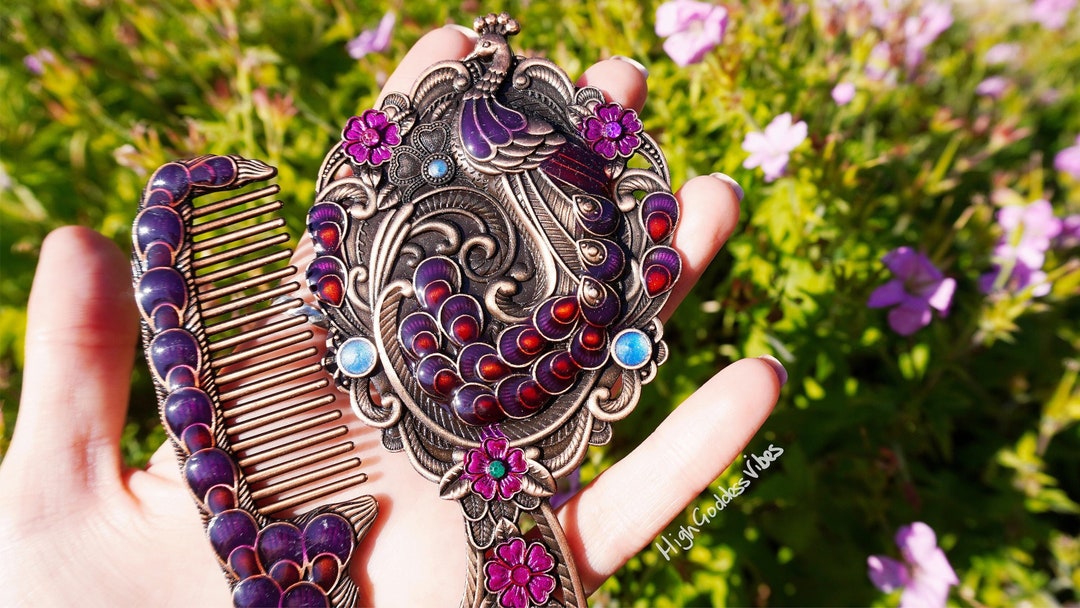 Vintage Peacock Comb & Butterfly Mirror Vanity Set | Deep Gold Green Purple Enamelled Peacock Vanity Set ~ Vintage Style Mirror and Comb  main image 2