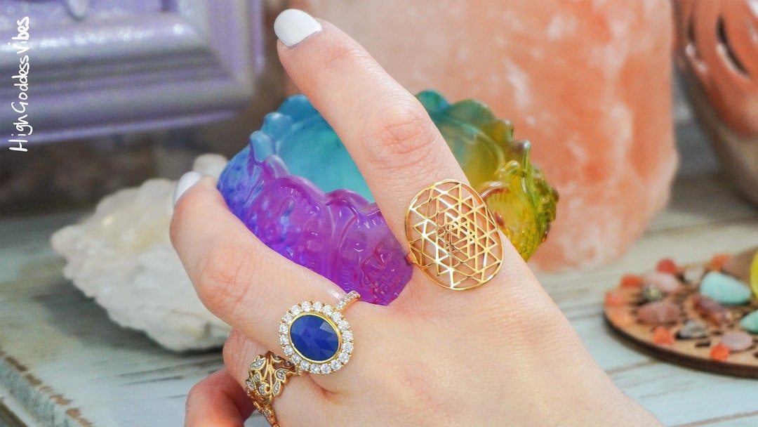 Sri Yantra Sacred Geometry Ring - Gold or Silver Resizable Adjustable ...