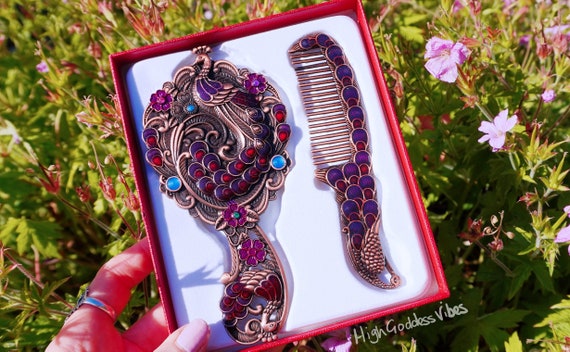 Vintage Peacock Comb & Butterfly Mirror Vanity Set | Deep Gold Green Purple Enamelled Peacock Vanity Set ~ Vintage Style Mirror and Comb  main image 4