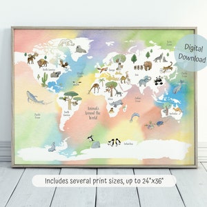 Afdrukbare aquarel wereldkaart, dierenwereldkaart, kleurrijk kinderkamer decor, educatieve printables, Kids wereldkaart poster