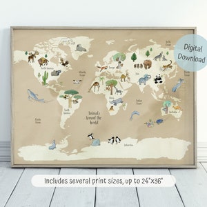 Mapa do mundo infantil para impressão, mapa do mundo animal, decoração de berçário Boho, arte de berçário em aquarela, pôster de viagem infantil