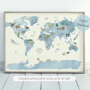 Druckbare Weltkarte mit Tieren, Aquarell Kinderzimmer Kunst, Lernposter, Spielzimmer Dekor, Kinder Weltkarte, Jungen Kinderzimmer Dekor