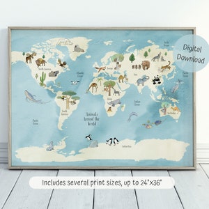 IMPRIMÍVEL Mapa do mundo animal, pôster do mapa do mundo infantil, arte de berçário em aquarela, pôsteres educacionais, mapa do mundo ilustrado