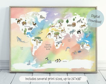Watercolor Animal World Map Print, Kids Nursery Decor (Digital Download)
