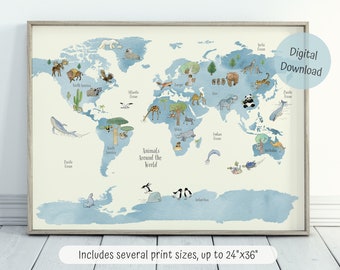 Printable World Map with animals, Watercolor nursery art, Educational posters, Playroom decor, Kids world map, boy nursery decor