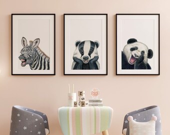 Printable Black and White set of 3 posters / Panda gifts, Zebra art print, Badger gift