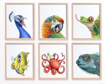 Colorful Animal 6 prints / PRINTABLE Nursery Wall Art / Peacock decor, Green tree frog, Parrot art, Lizard painting, Octopus painting, fish