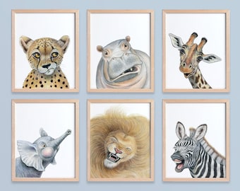 Safari Nursery decor / PRINTABLE posters for kids room decor / Hippo gift, Cheetah, Elephant, Giraffe painting, Zebra print, Lion poster