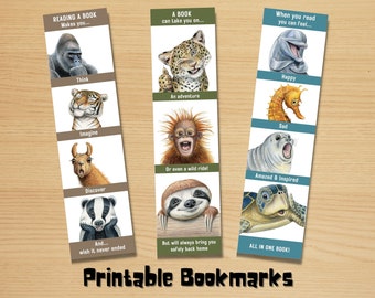 May include: Printable bookmarks featuring colorful illustrations of animals and text about reading a book. The bookmarks are designed to be cut out and used.