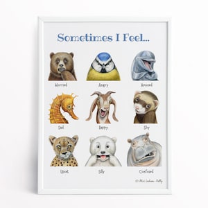 Printable Feelings chart poster with funny animals / Emotions / Educational posters for classroom decor, homeschool or therapy decor