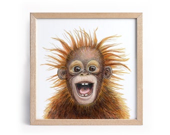 Baby Orangutan Printable poster / Funny monkey painting / Rainforest nursery wall art / Tropical print / Jungle illustration