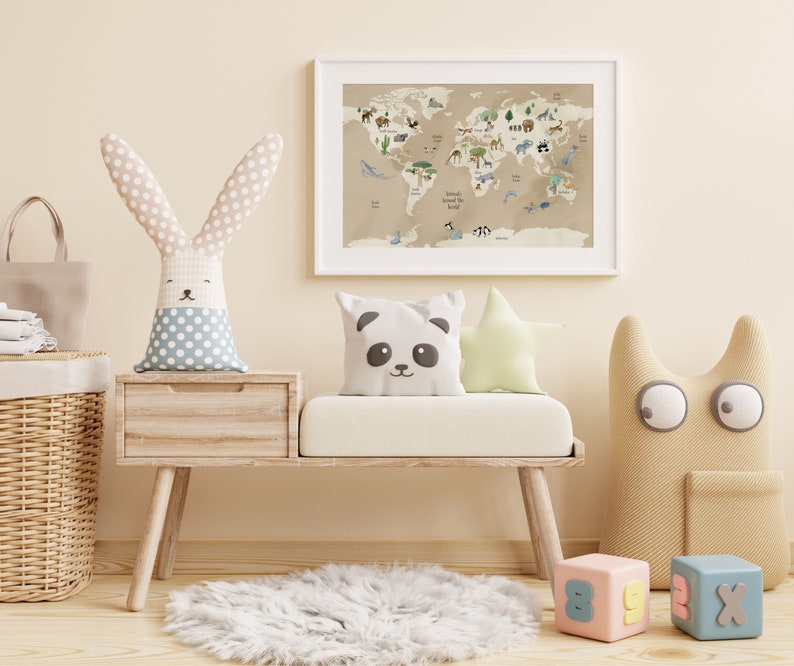 Printable Kids World Map, Animal World Map, Boho Nursery Decor ...