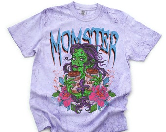 Momster Coffee Color Blast Comfort Color T-Shirt, Zombie Coffee Tshirt, Funny Mom Tee, Spooky T-shirt, Halloween Shirt Graphic Tee Tie Dye