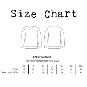 May include: Size chart for a sweatshirt with measurements in inches for chest and body length (HPS) in sizes XS, S, M, L, XL, 2XL, and 3XL.