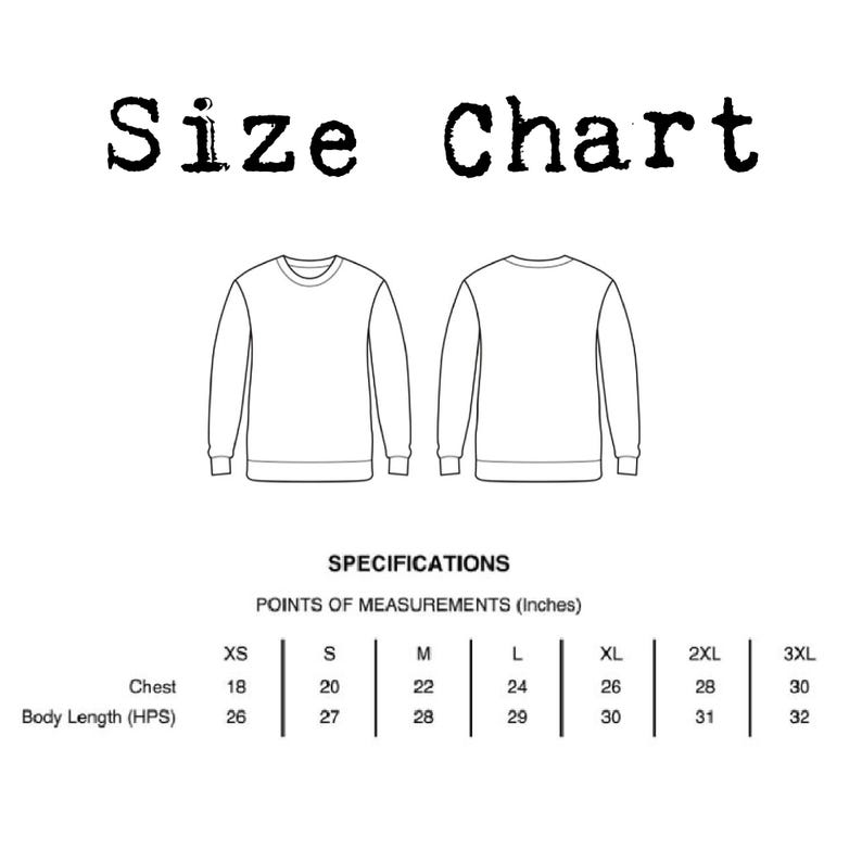 May include: Size chart for a sweatshirt with measurements in inches for chest and body length (HPS) in sizes XS, S, M, L, XL, 2XL, and 3XL.