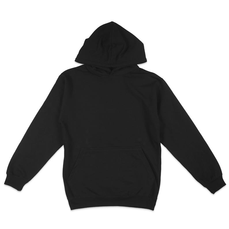 May include: A black hooded sweatshirt with a front pouch pocket.