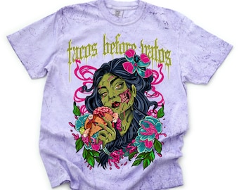 Tacos Before Vatos Color Blast Comfort Color Camiseta, Camiseta Zombie Taco, Camiseta divertida de mamá, Camiseta espeluznante, Camiseta gráfica de Halloween Tie Dye