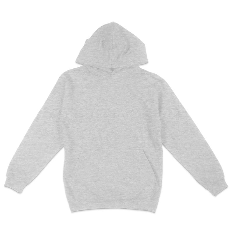 May include: A heather gray hooded sweatshirt with a pouch pocket.