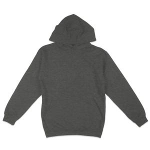 May include: A dark gray hooded sweatshirt with long sleeves.