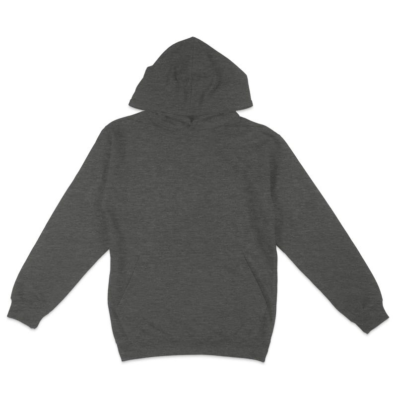 May include: A dark gray hooded sweatshirt with long sleeves.