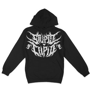 May include: Black hooded sweatshirt with a white graphic print of the text "STUPID CUPID" in a gothic font with a heart and angel wings.