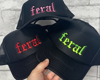 Feral Embroidered Foam Trucker Hat, Alt Mom Clothing, Punk Rock, Goth Clothing, Otto Cap, Alternative Rocker Mesh Hat