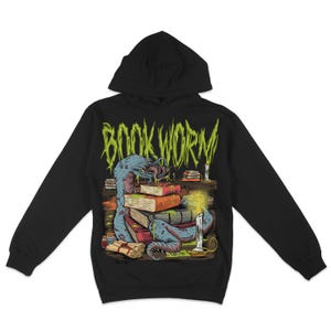 May include: Black hooded sweatshirt with a graphic print of a green and blue bookworm devouring a stack of books with a lit candle. The text "BOOKWORM" is printed in green above the graphic.