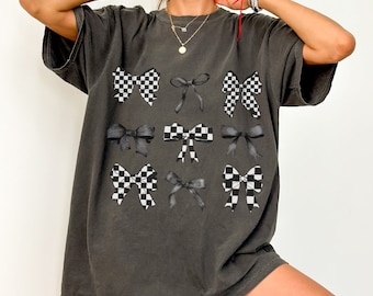 Checkered Coquette Bows Comfort Color T-Shirt, Goth Tshirt, Alternative Tee, Punk Rock, Goth Fashion Graphic Tee Gift for Her