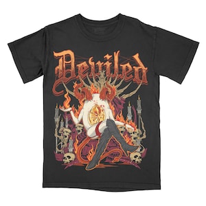May include: Black t-shirt with a graphic of a devilish figure sitting on a throne with flames and the word "Deviled" above.