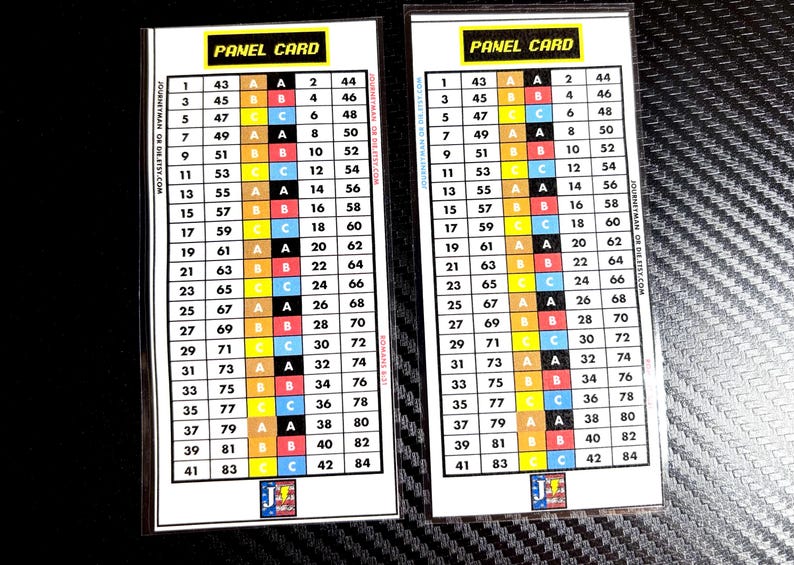 K&ouml;nnte beinhalten: Zwei Spielkarten mit wei&szlig;em Hintergrund und schwarzem Text. Jede Karte hat ein Raster aus Zahlen und farbigen Buchstaben. Der Text "PANEL CARD" steht oben. Die Karten sind f&uuml;r ein Spiel oder eine Aktivit&auml;t.