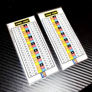 May include: Two white Panel Cards with a grid of numbers and letters in various colors. The cards have the text "PANEL CARD" at the top. The cards are on a black and gray textured surface.