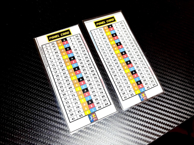 K&ouml;nnte beinhalten: Zwei wei&szlig;e Panel Cards mit einem Raster aus Zahlen und Buchstaben in verschiedenen Farben. Die Karten tragen oben den Text "PANEL CARD". Die Karten liegen auf einer schwarz-grau strukturierten Oberfl&auml;che.