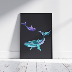 Poster di balena, stampa di una famiglia di balene al neon, stampa di una balena, poster di una grande balena, poster di una balena piccola
