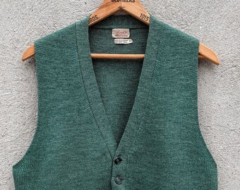 Vintage 1950s 60s Lord's Burlington Arcade London Sage 100% New Wool Cardigan Sweater Vest Knitted Waistcoat w/ Welt Pockets 38 M Scotland