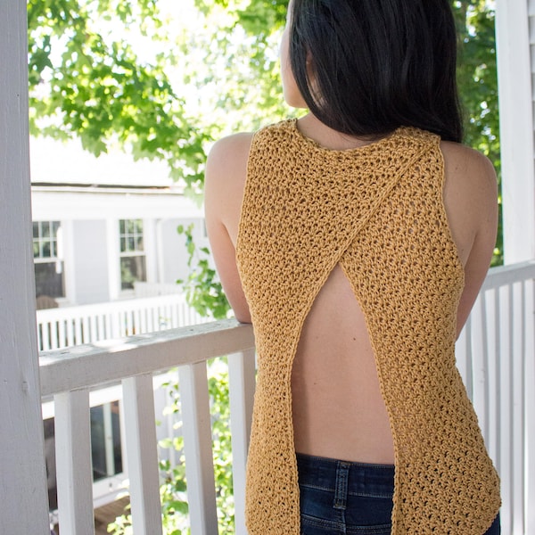 Sunshower Open-back Tank Crochet Pattern // Adjustable Open Back Tank Top Easy Crochet Pattern