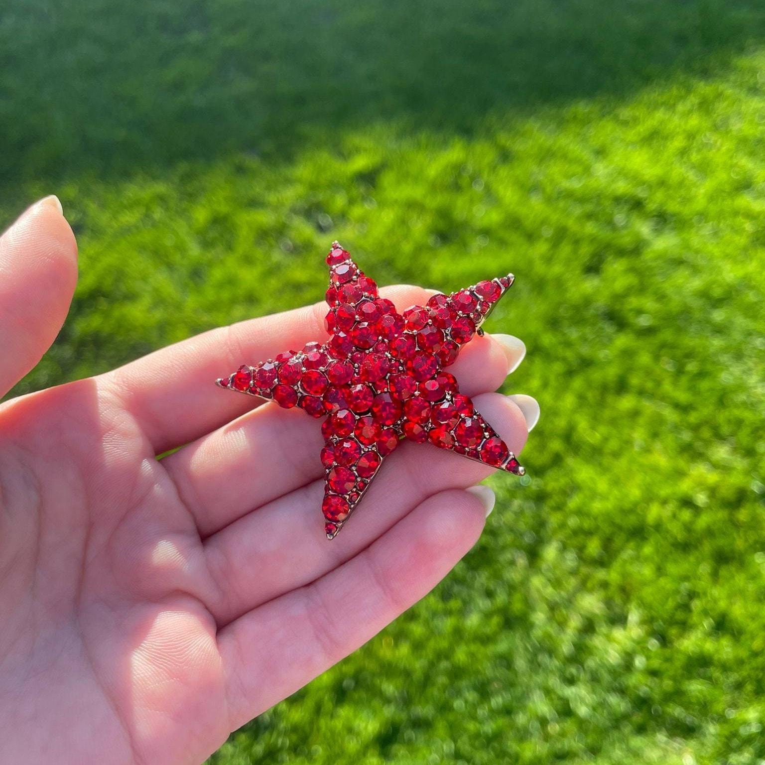 Red Rhinestone Flower Brooch