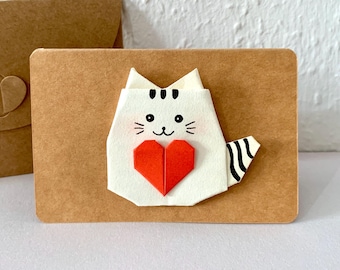 Origami cat card, cat with heart, cute cat greeting card, personalized birthday card, gift card for cat lovers