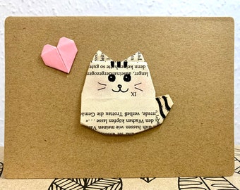 Origami cat card, cat with heart card, your desired text, birthday card, gift card, greeting card, cat lover, folding card