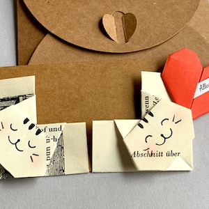 Mini biglietto origami a forma di gatto, testo personalizzato, segnalibro a forma di gatto, idea regalo, compleanno, anniversario, amante dei libri, riciclo creativo
