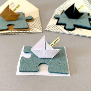 Mini biglietto con barca su pezzo di puzzle, biglietto con barca su pezzo di puzzle, biglietto regalo con barca origami, biglietto con messaggio a barca, compleanno, anniversario, riciclo creativo