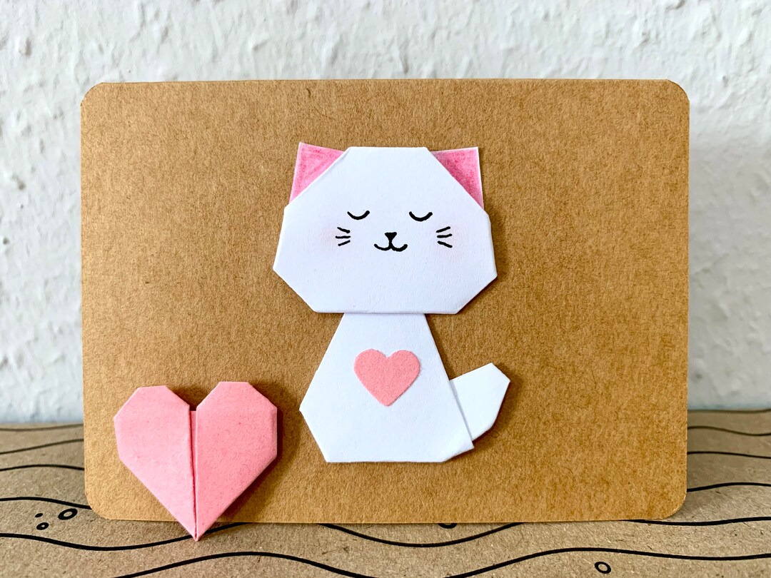 Origami Cat Mini Card, White Cat With Heart, Cat Birthday Card, Cat ...