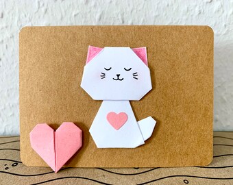 Origami Cat Mini Card, White Cat with Heart, Cat Birthday Card, Cat Gift Card, Cat Small Card, Cat Anniversary Card