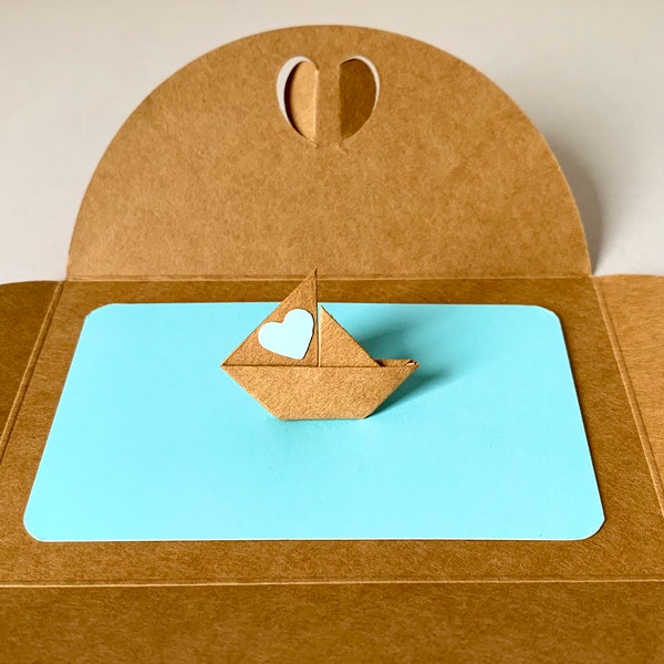 Origami Boot Mini Karte, Segelboot mit Herz, Personalisierte Karte, Dein Wunschtext, Geschenkkarte, Geburtstag, Jubiläum, Kleine Karte