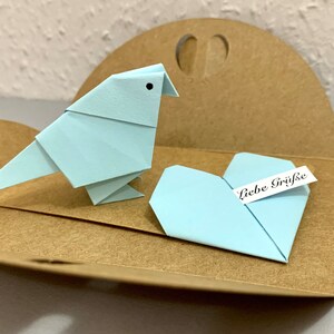 Mini biglietto origami per uccelli, biglietto personalizzato, testo desiderato, uccello con cuore, buono regalo, buono, compleanno, anniversario