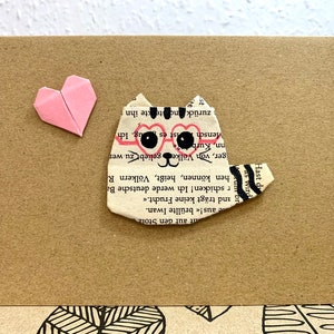 Biglietto origami a forma di gatto, gatto con cuore, testo a piacere, biglietto a forma di gatto, gatto carino, biglietto di compleanno, biglietto di auguri, carta regalo, biglietto di anniversario