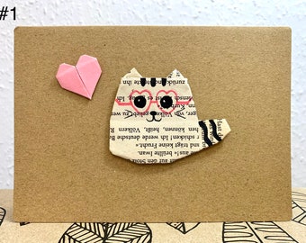 Origami cat card, cat with heart, your personalized message, cat card, cute cat, birthday card, greeting card, gift card, anniversary card
